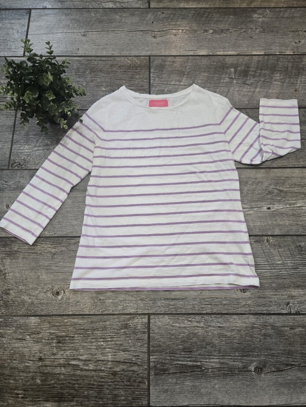 Charles Tyrwhitt Purple & White Striped 3/4 Sleeve Classic Cotton Preppy Top, 6